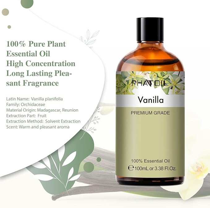PHATOIL 100ML Vanilla Essential Oil, Huge 3.38fl.oz Bottle Vanilla Oil, Pure Aromatherapy Essential Oils for Diffuser, Humidifier, Scented Oils for Soap, Candle Making