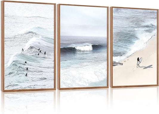 CHDITB Coastal Surfing Framed Canvas Wall Art Set, Ocean Wave Wall Decor, Beach Surfer Artwork, Summer Beachy Painting for Bedroom Dining Room Bathroom Office Decoration 16"x24"X3
