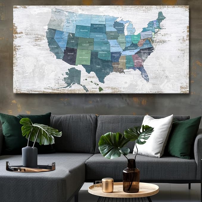 Wall Decor Map Canvas Wall Art for Wall Decoration Wood Background USA Canvas