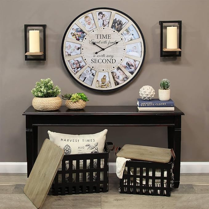 12 Photo Collage Rustic Wood Farmhouse Wall Clock, Large Family Picture Wall