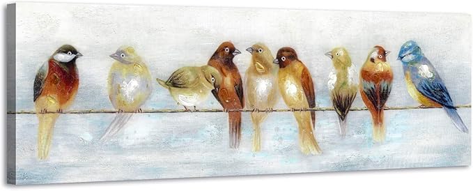 ARTISTIC PATH Abstract Birds Canvas Wall Art: Colorful Birds on Wire Picture Sparrow Painting Artwork for Living Room (36''W x 12''H, Multi-Sized)