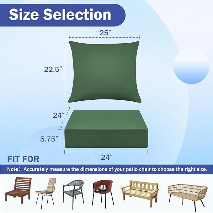 IASEAHK Outdoor Seat Cushion Set, Waterproof & Fade Resistant Patio Chair Cushions, Outdoors Cushion for Patio Furniture, 24 x 24 x 5.75 Inch, Outdoor Couch Cushions with Handle and Ties,ForestGreen