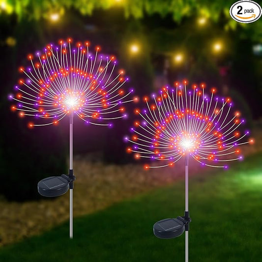 Slyuexu Solar Garden Lights Outdoor Waterproof, 2 Pack 120 LED Solar Firework Lights Decorative Garden DÃ©cor Outside for Flowerbed Pathway Party Halloween Christmas Decorations, Purple + Orange