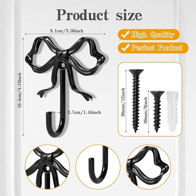 2 PCS Large Size Black Bow Wall Hook, Metal Hooks, Bow Room Decor Hooks