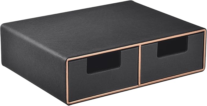 Linen Leather Desk Organizer and monitor stand with Drawers－Mini Desktop Drawer Organizer Stackable－Tabletop Organization Storage Box for Office Supplies Home Vanity Toiletries (Black, 2-drawers)