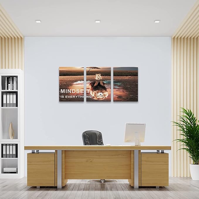 KAWAHONE Motivational Lion King Mindset Wall Art Gold, Success Cat Reflect Lion