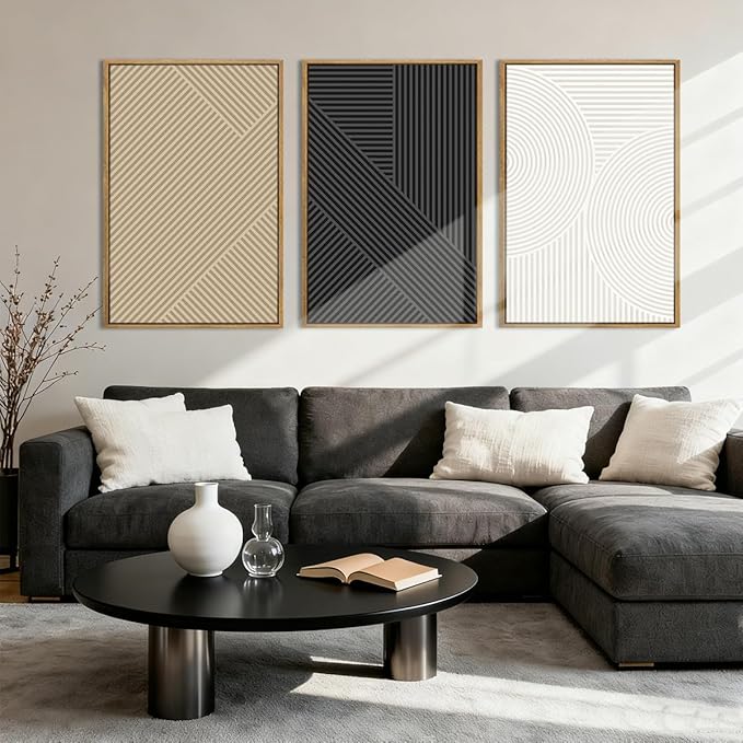 Anyzal Large Framed Black Abstract Wall Art 16x24 Inch Boho Modern Canvas Wall Decor Neutral Minimalist Line Artwork for Living Room Bedroom Dining Room Set of 3