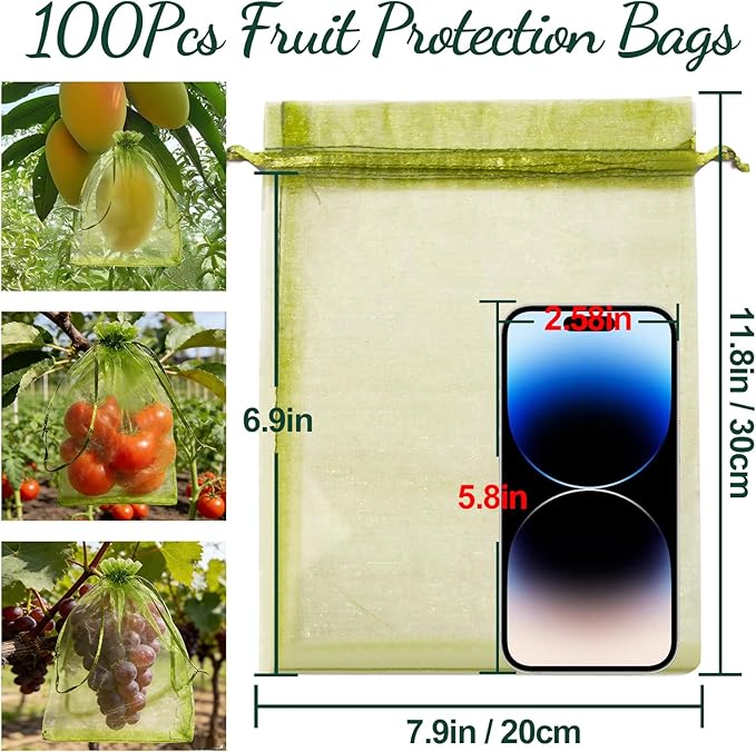 100 Large Fruit Protection Bags 7.9x11.8 Inch, Green Mesh Netting with Drawstring, Pest & Bird Barrier for Grapes, Eggplants, Zucchini and Other Garden Produce