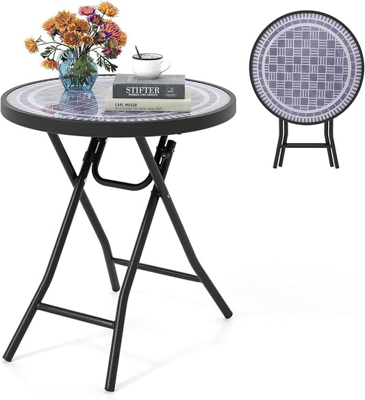 Giantex Folding Outdoor Side Table with Tempered Glass Tabletop & Metal Frame, Portable 18â Round End Table for Patio, Sofa Side, Yard, Porch, Poolside Living Room, Grey