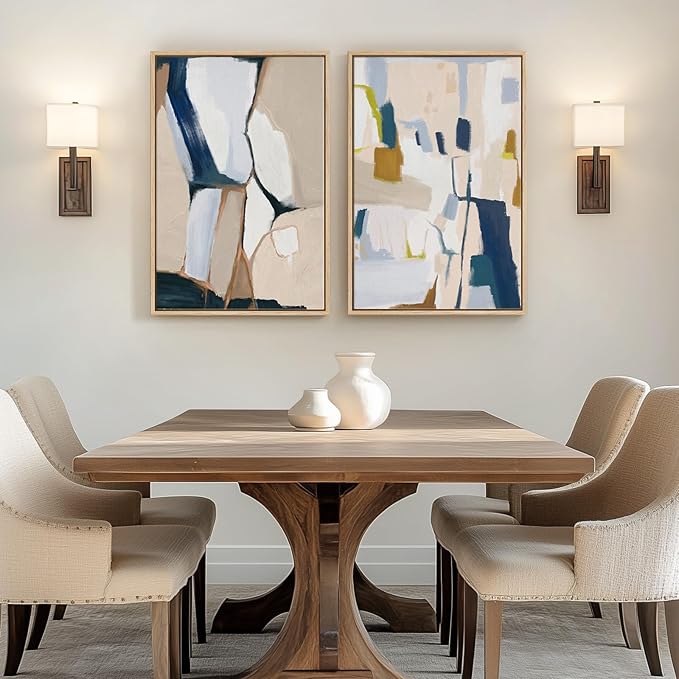 Large Framed Neutral Abstract Wall Art, 2 Piece Beige and Navy Blue Modern