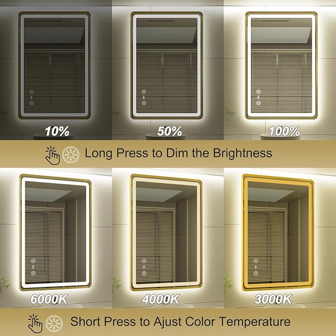 24x36 Inch Gold Framed LED Bathroom Mirror, Smart Bathroom Mirror