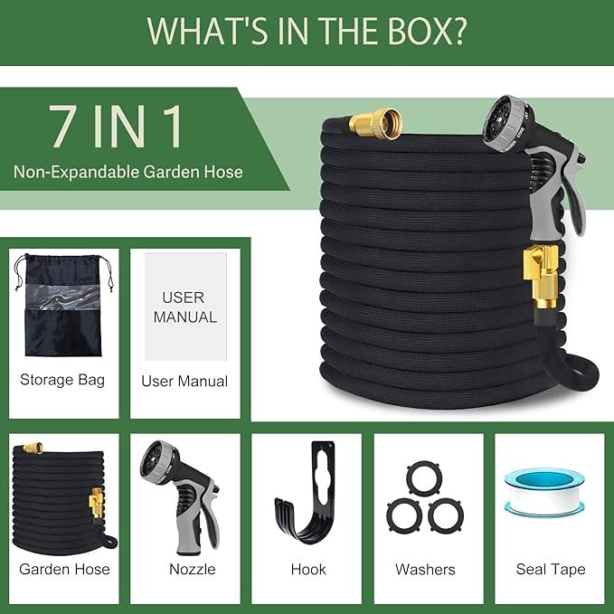 Garden Hose Non-Expandable 50 ft, Lightweight Flexible Water Hose with 10 Function Spray Nozzle, Outdoor Leak Proof, Kink-Free, Portable Hose for Yard, Lawn, Camper, High-Density Fabric, Black Grey