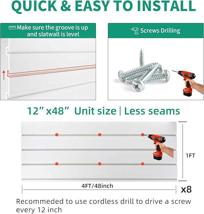 FRAYSCENT Slat Wall Paneling Garage Slat Wall Storage Systems Slatwall Panels Power Tool Organizer Wall Mount, PVC Garage Storage & Organization Products Slate Board (White, 4ft x 8ft with 15 Hooks)