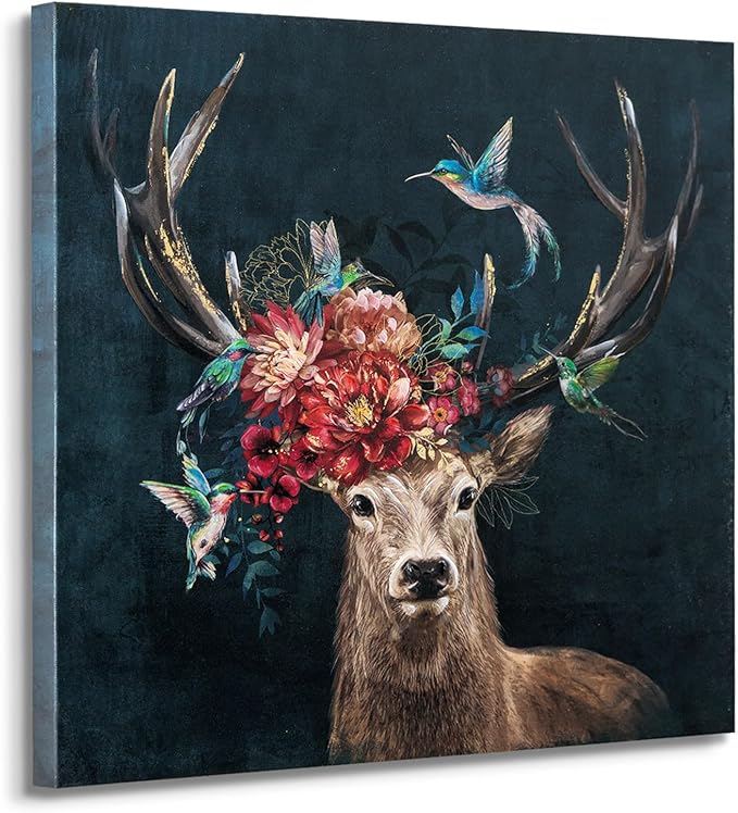 JolyWell Deer Canvas Wall Art With Flowers, Animal Prints for Living Room Bedroom Office, Wildlife Hunting Artwork Decorations, 24x24 Ready to Hang