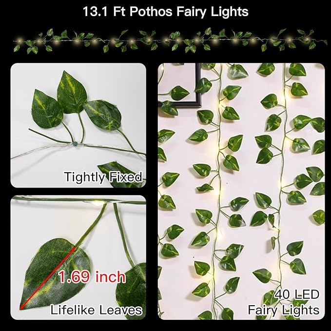 suddus Vine with Fairy Lights Battery Operated, 13.1ft 40 LED Pothos String