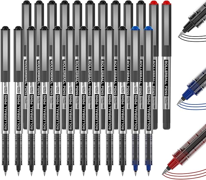 Shuttle Art RollerBall Pens, 25 Pack(21 black 2 blue 2 red) Fine Point Roller Ball Pens, 0.5mm Liquid Ink Pens for Writing Journaling Taking Notes School Office