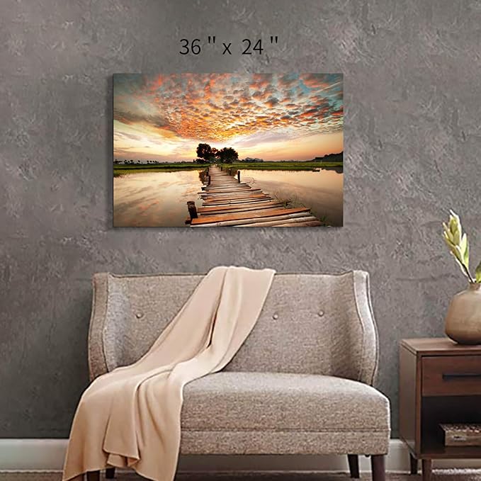 Lake Pier Canvas Wall Art: Dock in Sunset Artwork Wooden Bridge Picture Boardwalk Painting for Office（36"x24"x1 panel）