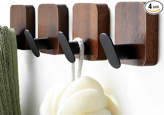 DELITON Wooden Wall Hooks, 4 Pack Acacia Adhesive Towel Hooks Sticky on