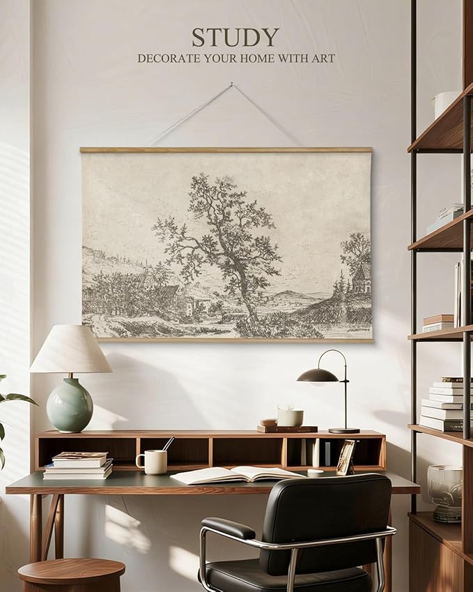 ARPEOTCY Extra Large Vintage Framed Wall Art, 36x54 Inch Sketch Houses Trees Landscape Hanging Canvas Prints, Scroll Wall Decor for Living Room Bedroom, Retro Scenery Pictures Above of Bed