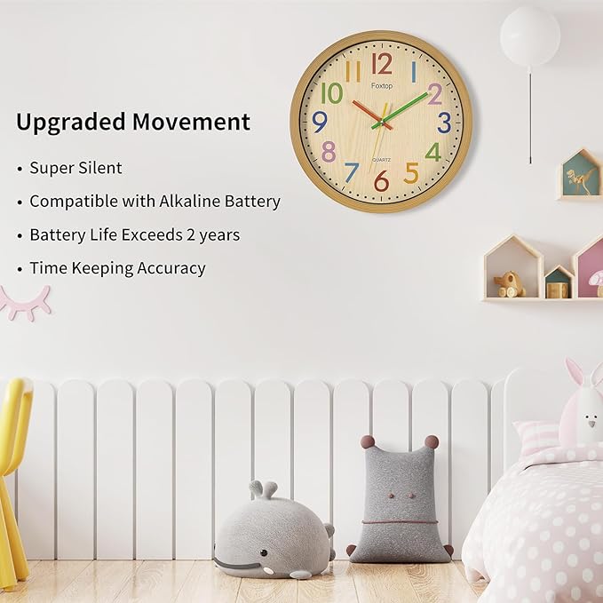 Foxtop Silent Kids Wall Clock 12 Inch Non-Ticking Battery Operated Colorful