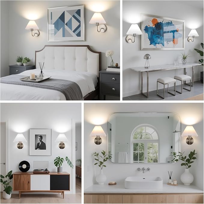 Wireless Wall Sconce Sets of 2, Pleated Shades Rechargeable Battery Operated