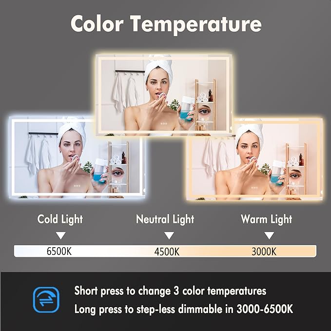 LED Bathroom Wall Mirror 60 x 36 Inch, Frameless Vanity Mirror