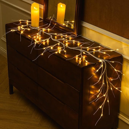 White Birch Garland with Lights 6ft 72LED, Battery Operated Twig Vine with Timer