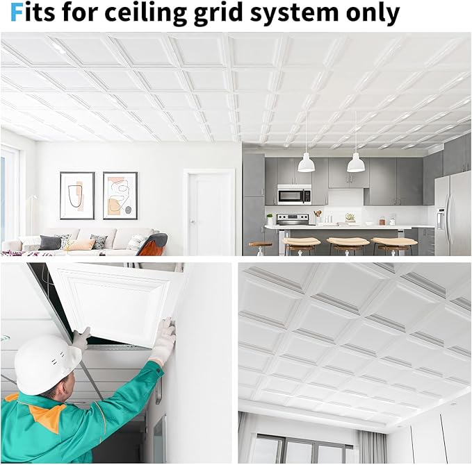 Art3d 24-Pack Square Drop Ceiling Tile 2ft x 2ft in White, PVC Ceiling Panel 24