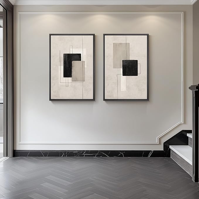 Large Framed Neutral Abstract Wall Art Set of 2, Minimalist Block Lines Pictures