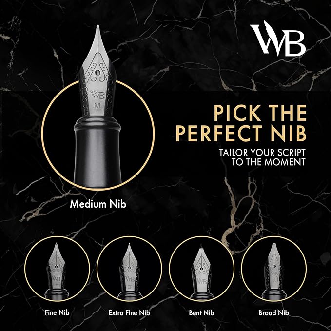 Wordsworth & Black Fountain Pen Set, Bent Nib, Includes 24 Pack Ink Cartridges, Ink Refill Converter & Gift Box, Calligraphy, [All Black], Perfect for Men & Women