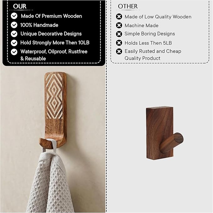 Indian Shelf 10 LB Decorative Wood Adhesive Wall Hooks–Boho Peel and Stick Hooks