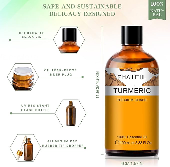 Turmeric 3.38fl.oz Essential Oil, PHATOIL Pure Aromatherapy Oils for Diffuser, Humidifier, Perfect for DIY Soap, Candle, Bath Bombs Making(100ml)