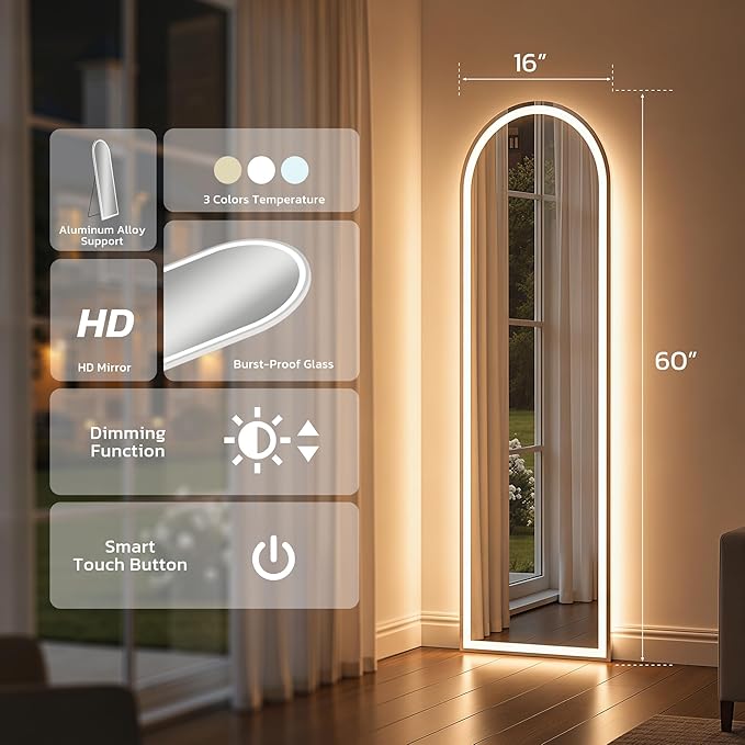 Full Length Mirror with LED Lights, Free Standing Floor Mirrors, Lighted Full