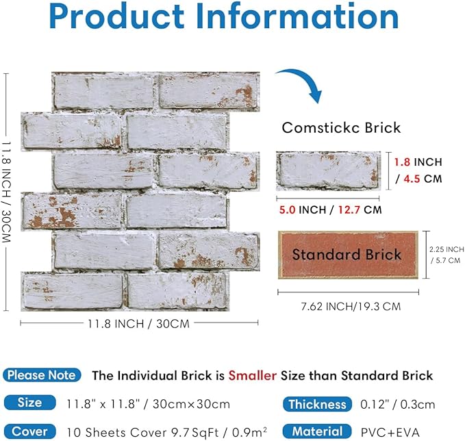 COMSTICKC 3D Faux Brick Wall Panels Peel and Stick, Small Size Self Adhesive