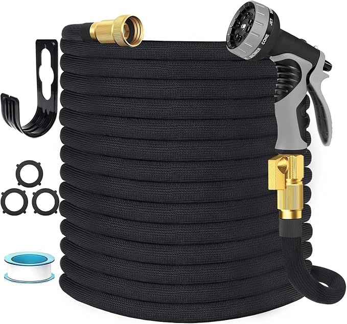 Garden Hose Non-Expandable 75 ft, Lightweight Flexible Water Hose with 10 Function Spray Nozzle, Outdoor Leak Proof, Kink-Free, Portable Hose for Yard, Lawn, Camper, High-Density Fabric, Black Grey
