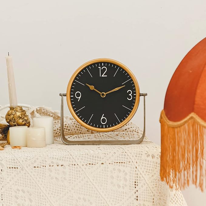 NIKKY HOME Vintage Table Clock, Black Desk Clock on Stand Decorative Desk and Shelf Clocks Metal Tabletop Clock Silent Non-Ticking with Battery Powered for Living Room