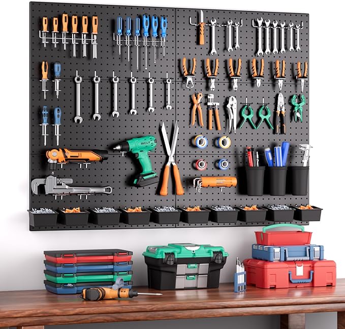 INCLY 226PCS Metal Pegboard Wall Organizer, 48x36 Inch Black Peg Board Panels