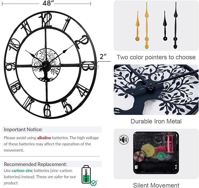 48 Inch Large Wall Clock for Living Room– Black Metal Clock