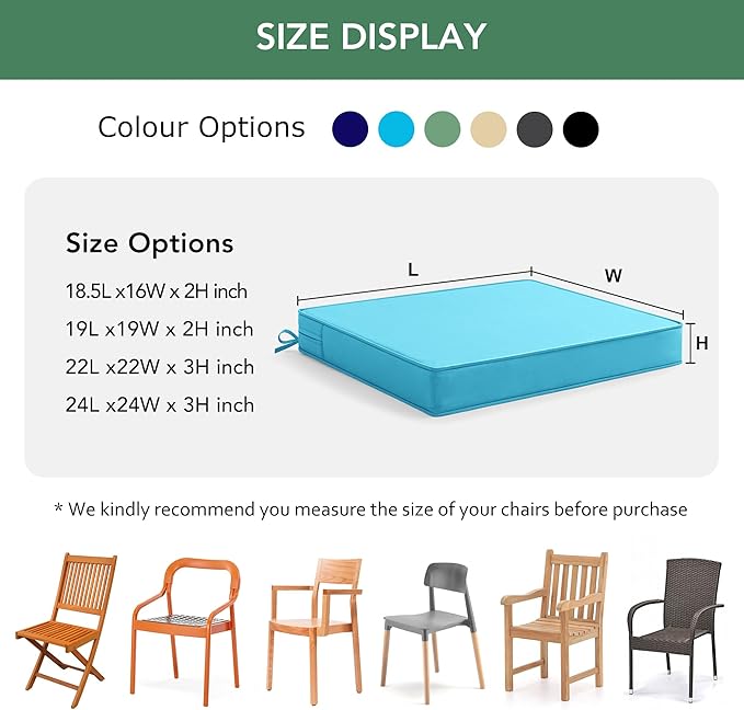 Summsun Outdoor Chair Cushions Set of 2: Waterproof & Color Fastness Seat Cushion for Patio Furniture - 22 x 22 x 3 Inch Chair Pads with Ties and Hidden Zipper - Patio Chair Cushion Replacement, Teal