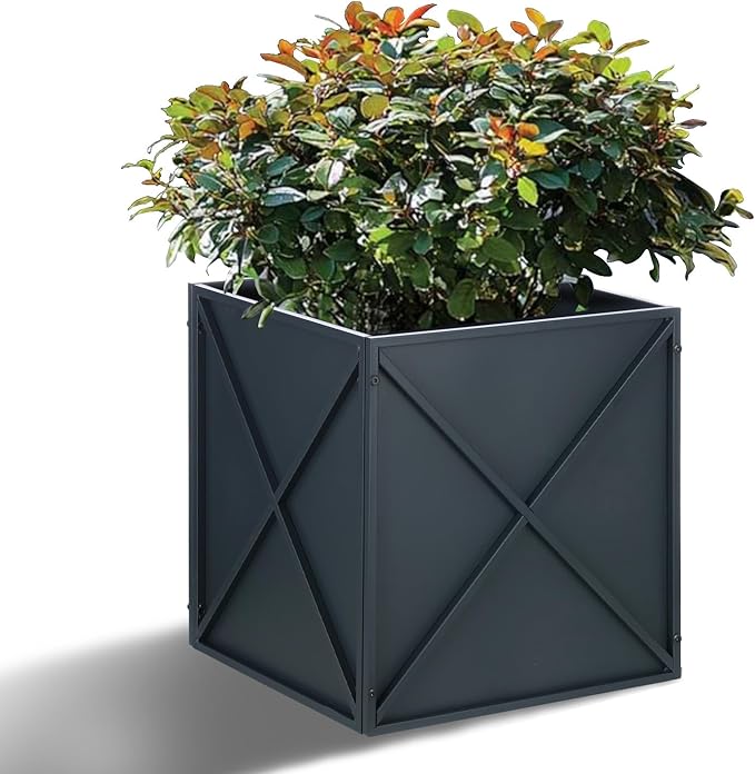 BAYN Metal Square Planter Box Tall Planters for Outdoor Plants Modern Heavy Duty with Drainage Holes for Outside Indoor Patio Deck - Grey, 17âx 17âx 18â