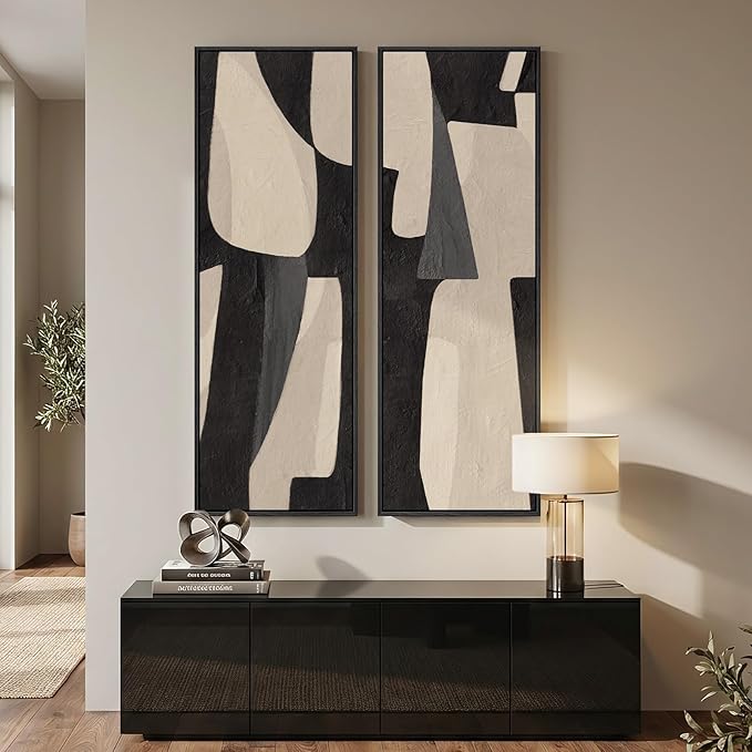 Long Narrow Framed Neutral Abstract Vertical Wall Art