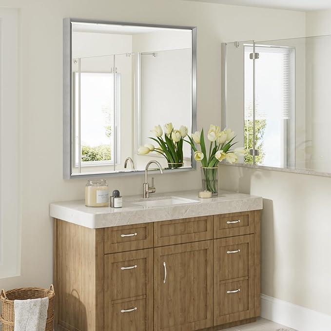Silver Bathroom Mirror, 36x36 Inch Beveled Silver Square Mirror