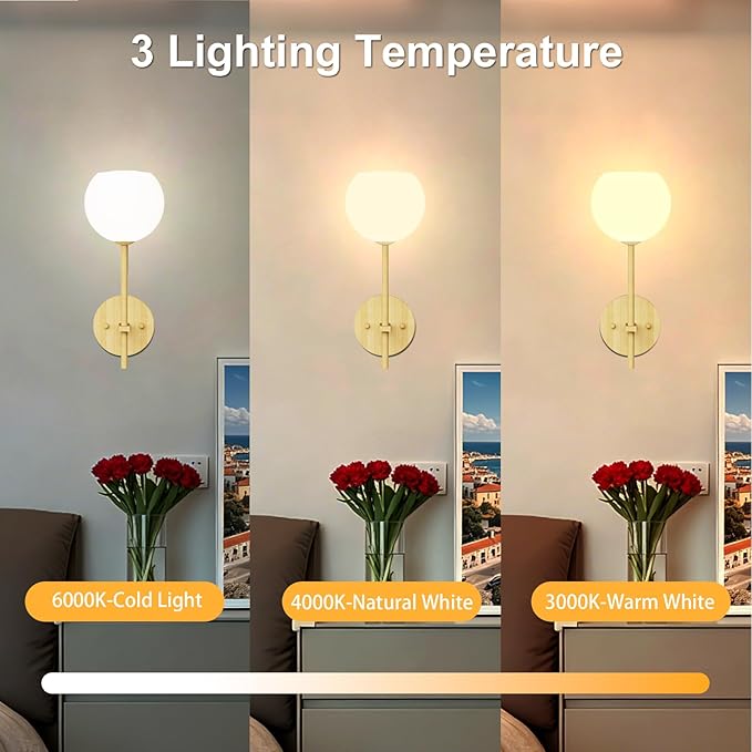 Wood Grain Battery Operated Wall Sconces Set of 2, Rechargeable Wireless Wall