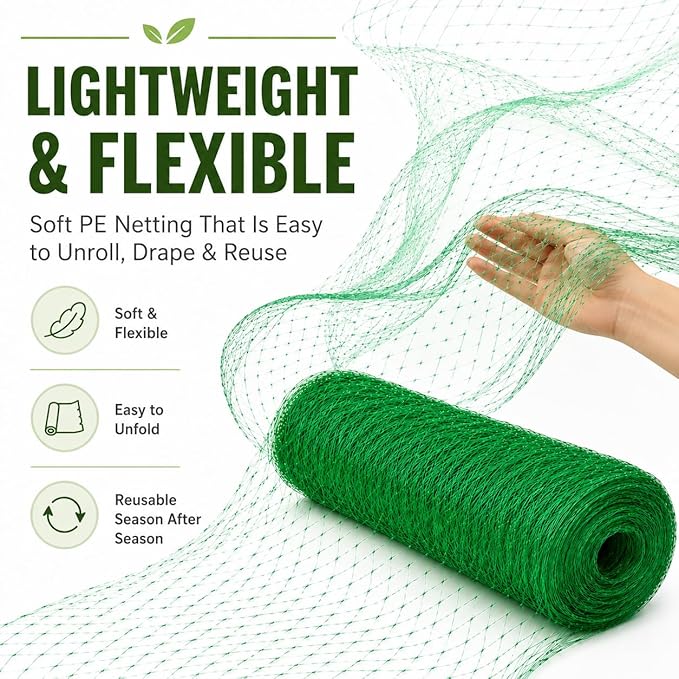 Garden Netting, 13 x 65 FT Bird Netting for Garden Plant Protection, Reusable Fine Mesh for Fruit Trees, Vegetable Plants, Blueberry Bushes, Raised Beds, Chicken Coop (13x65ft)