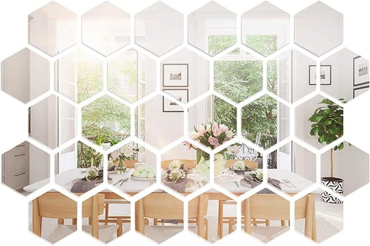 Shappy 32 Pcs Hexagon Mirror Wall Stickers Removable Silver Acrylic Mirror