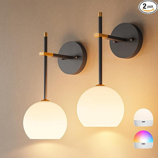 Black Gold Battery Operated Wall Sconces Set of 2, Rechargeable Wireless Wall