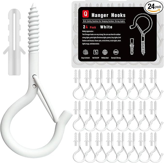 24 Pack White Screw Hooks with Safety Buckle - 2.3 Inch Rustproof Eye Ceiling Hooks for Hanging Plants,Outdoor String Lights,Baskets,Christmas Lights & Decor,40lb Capacity (24, White)