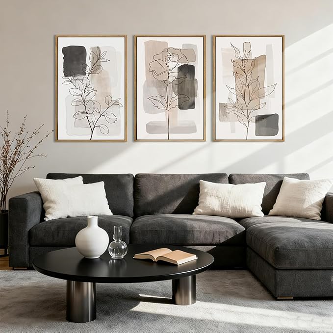 Anyzal Large Framed Neutral Floral Wall Art 16x24 Inch Tan Modern botanical Canvas Wall Decor Minimalist Black Flower Prints for Living room Bedroom Dining room Set of 3