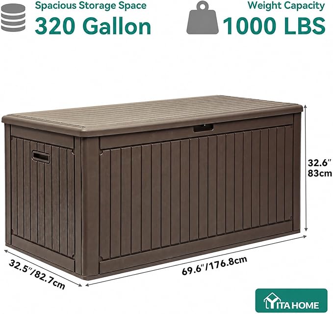 YITAHOME 320 Gallon Double-Wall Deck Box with Divider & Side Handles, Outdoor Large Storage for Patio Furniture Cushions, Garden Pool Accessories, Water Resistant & Lockable, Dark brown