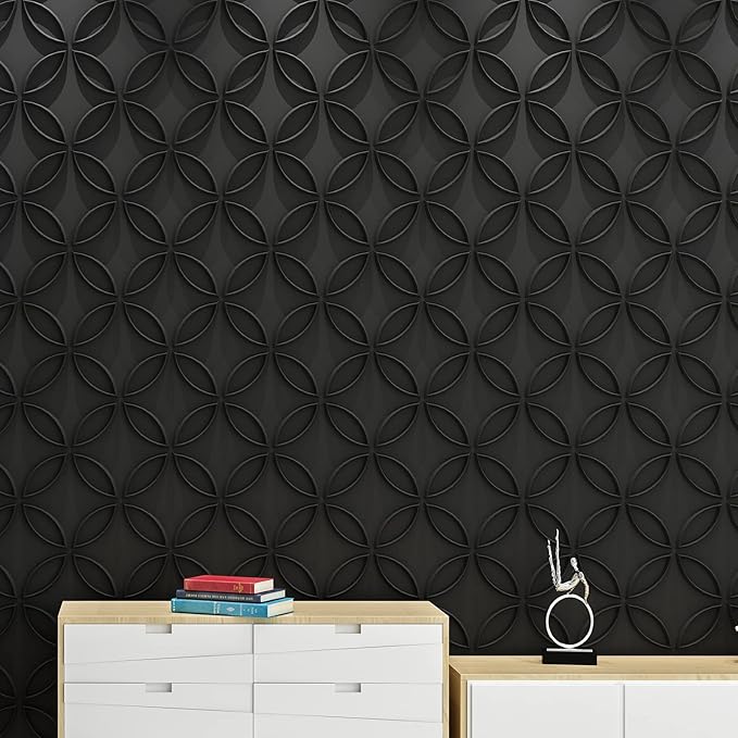 Art3d PVC 3D Wall Panel Interlocked Circles in Matt Black Cover 32 Sq.ft